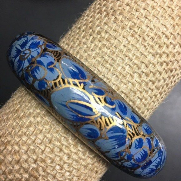 Bangle Bracelet Black Blue Gold As Is Flower Hand Painted Retro BoHo Soft Girl - Picture 1 of 5